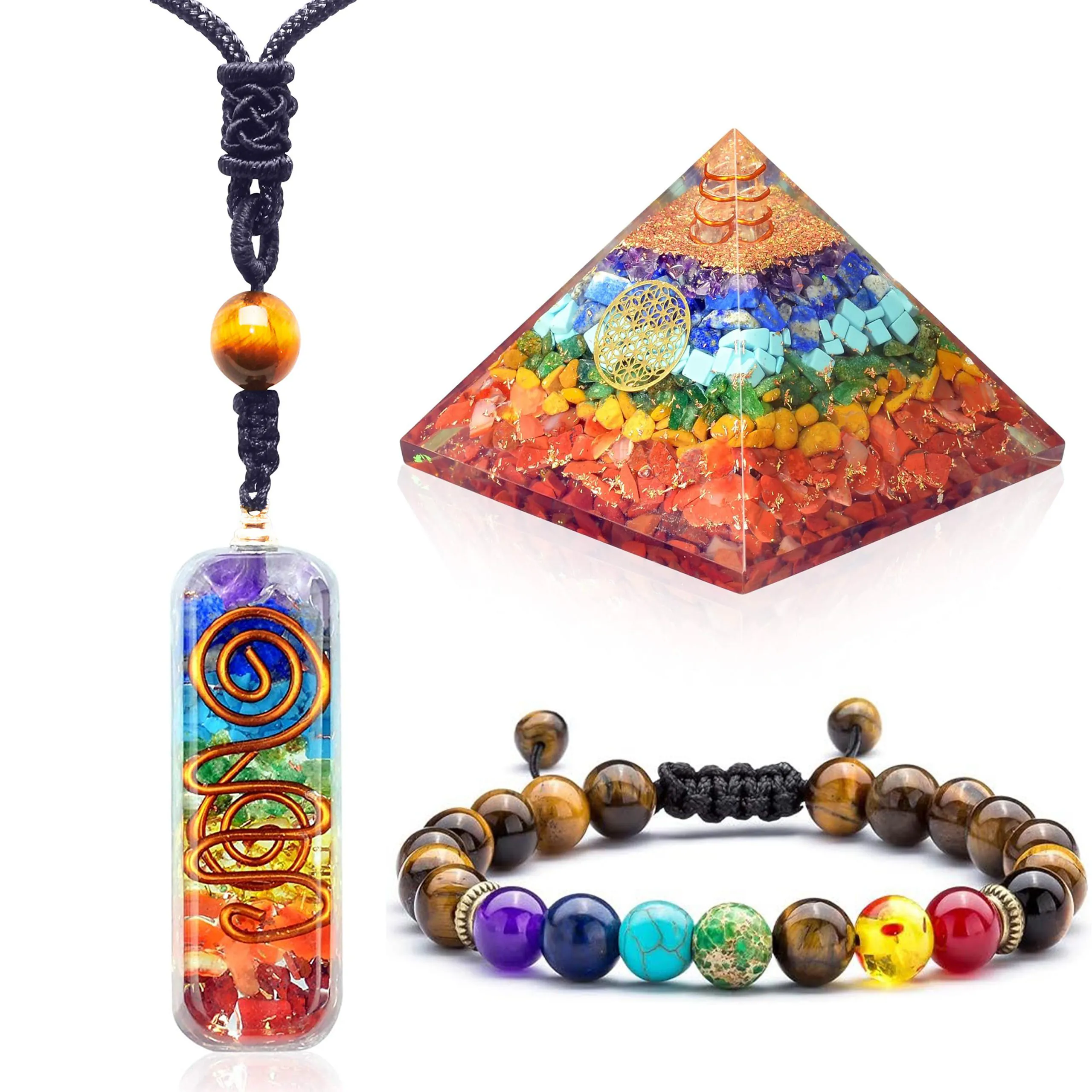 Chakra Necklace, Tiger Eye Bracelet, and Orgone Pyramid